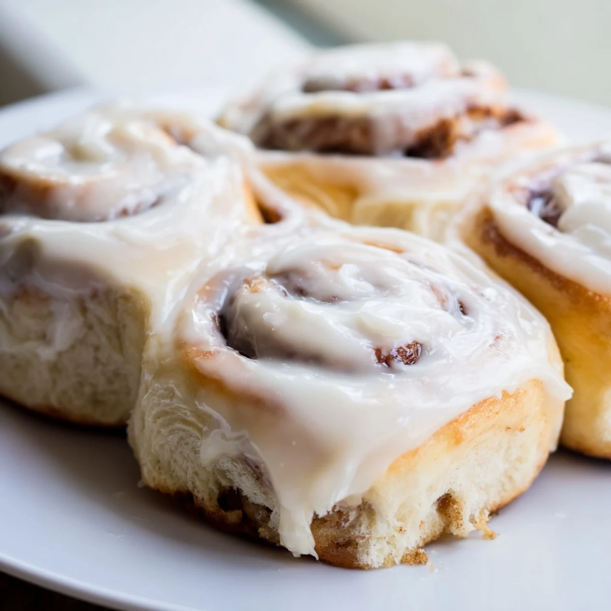 Close-up of freshly baked cinnamon rolls, their swirls glistening under sweet cream cheese icing.