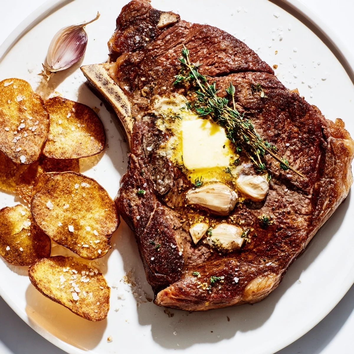 Juicy seared beef steak with golden, crispy chips, perfect for a satisfying dinner.