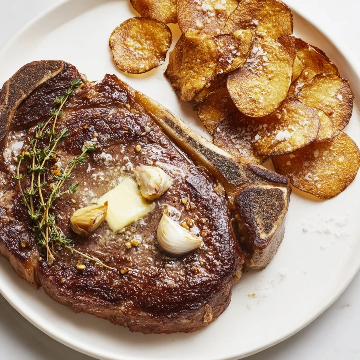 A close-up shot of a delicious beef steak with chips, ready for a hearty meal.