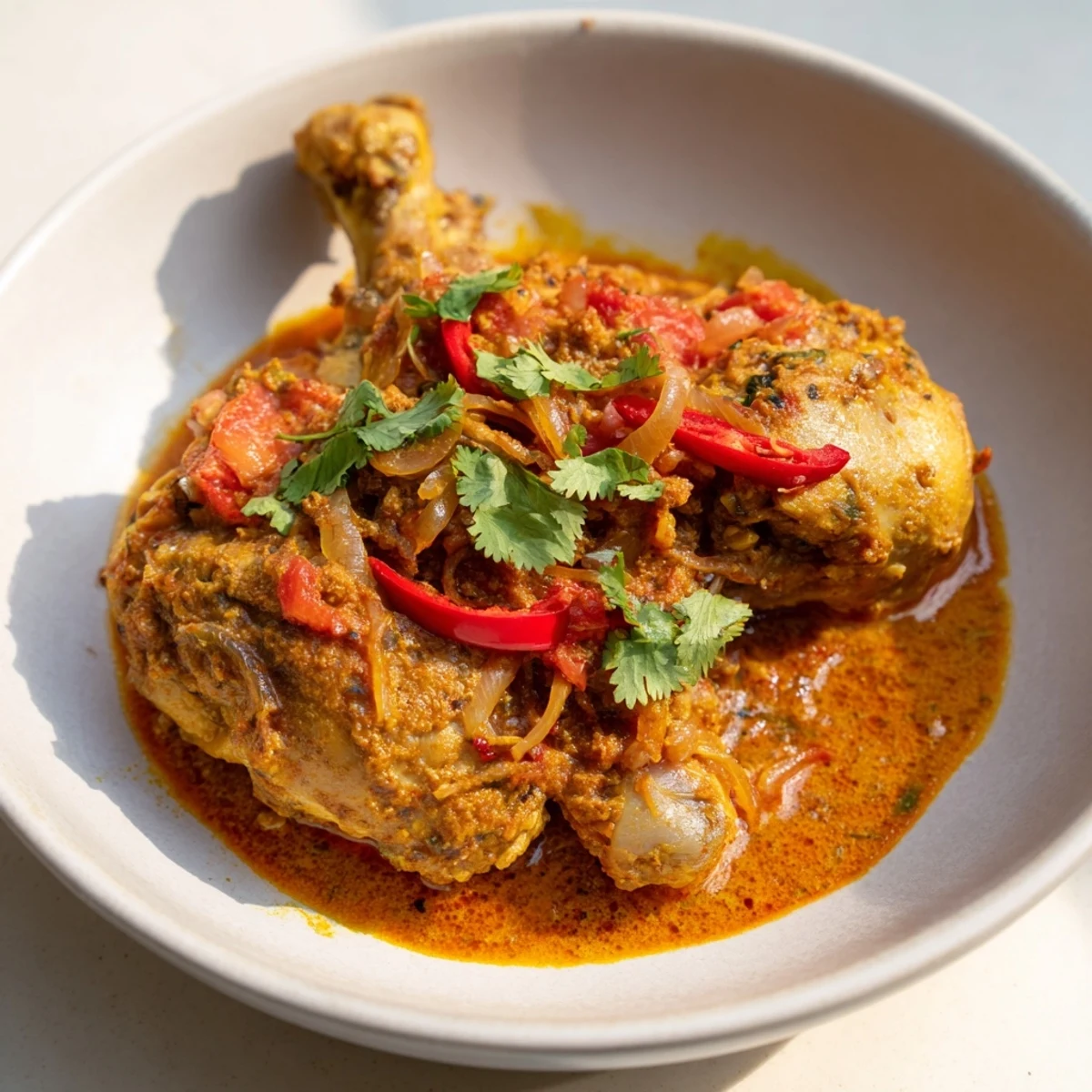 Tender slow cooked chicken curry, rich in color and aroma, ready for serving with rice.