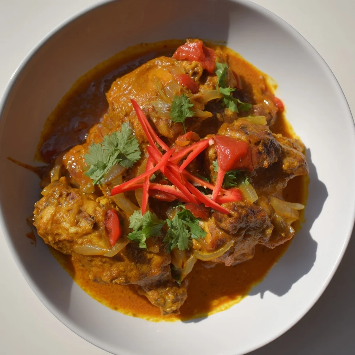 A steaming bowl of slow cooked chicken curry, featuring chunks of tender chicken and a luscious sauce.