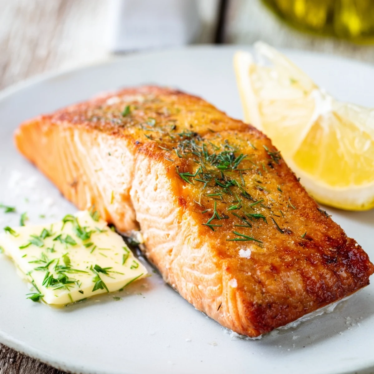 Crispy skin on pan-seared salmon, ready to eat, served with lemon wedges and fresh parsley.
