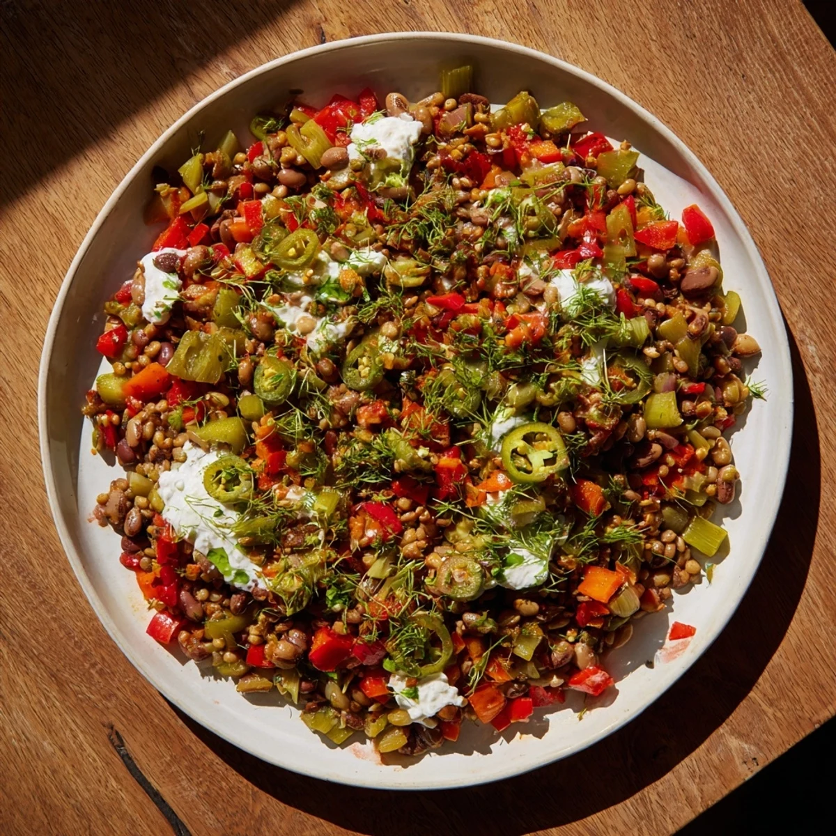 Delicious vegetarian chili, garnished with fresh cilantro and a dollop of creamy sour cream.