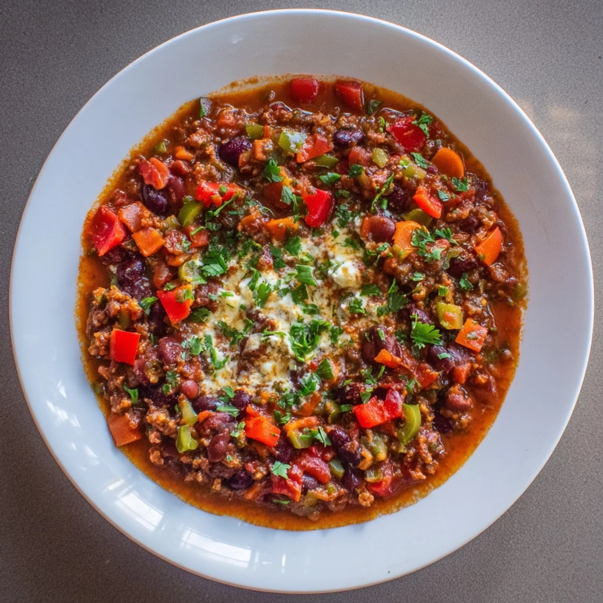 A steaming bowl of vegetarian chili, textured with beans and colorful vegetables.