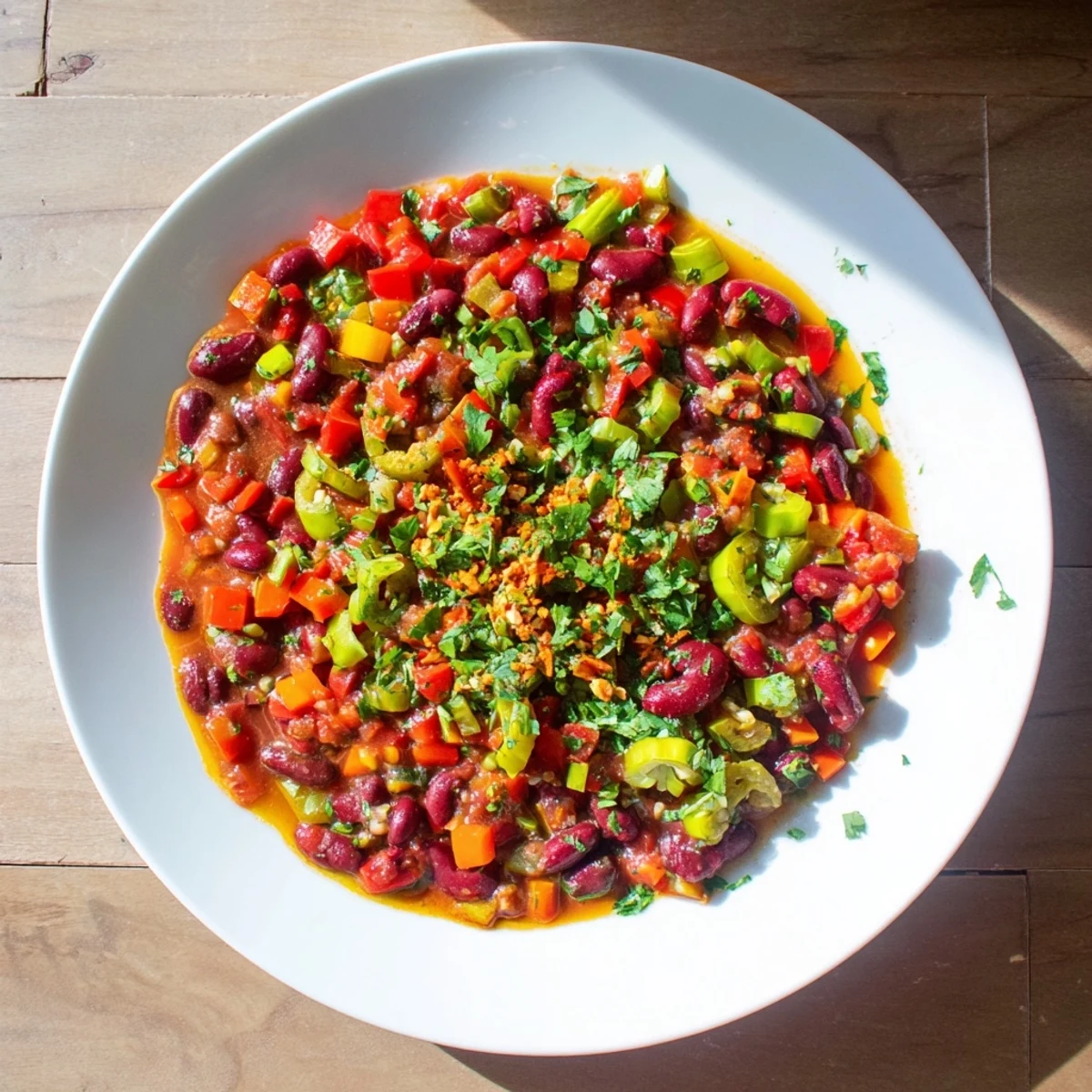 Close-up of a pot of hearty vegetarian chili, bubbling with rich flavors and spices.