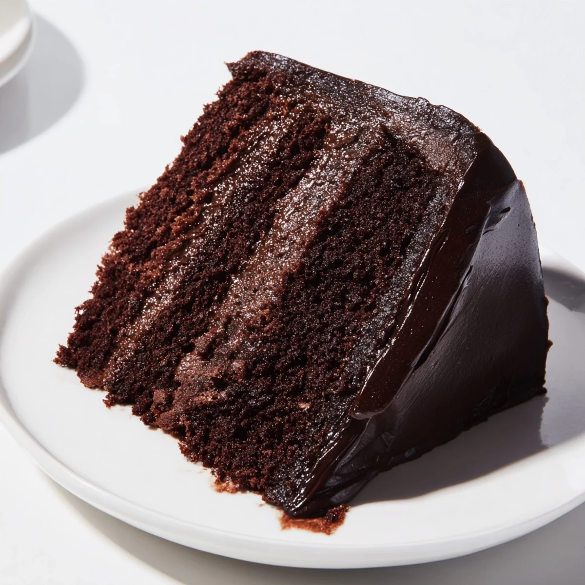 A decadent dark chocolate cake, generously frosted, ready to be served and enjoyed.