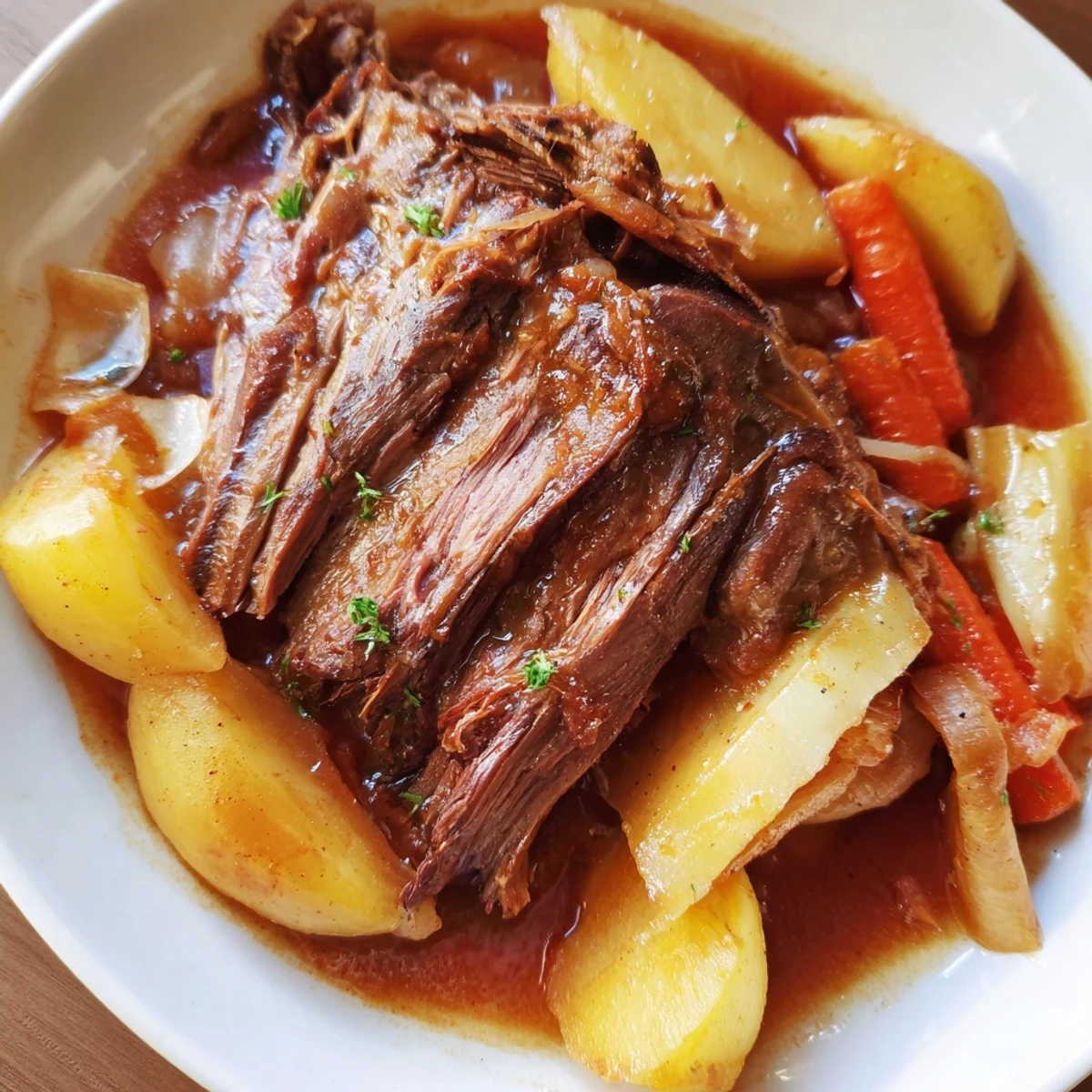 Tender slow cooked brisket, a hearty main course with vegetables and rich, savory sauce.