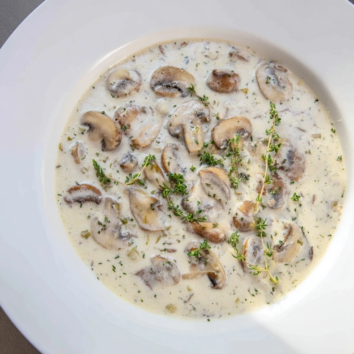 A thick, creamy mushroom sauce, served over a juicy grilled steak and garnished with fresh parsley.