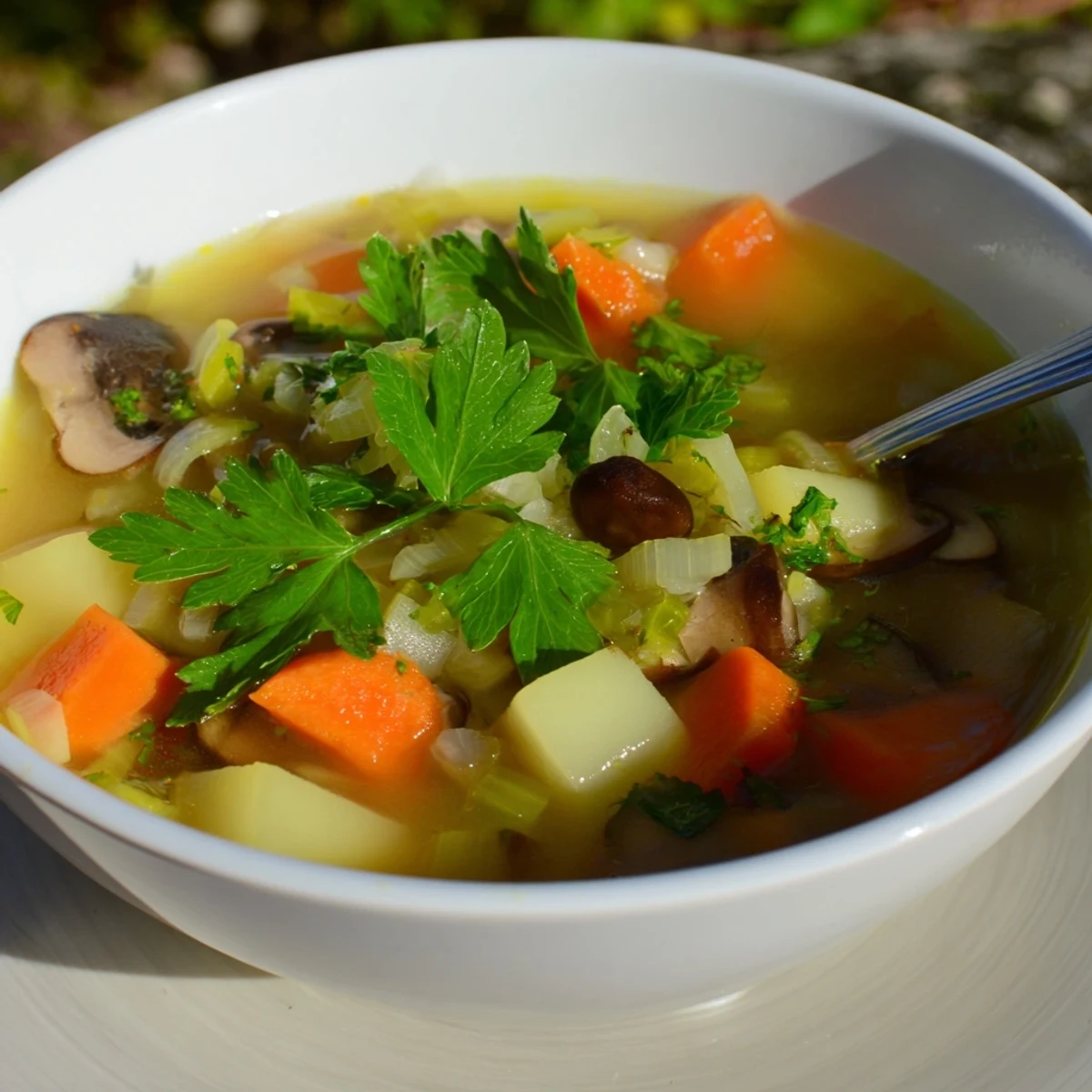 A steamy bowl of our hearty vegetable broth, filled with colorful, tender vegetables.