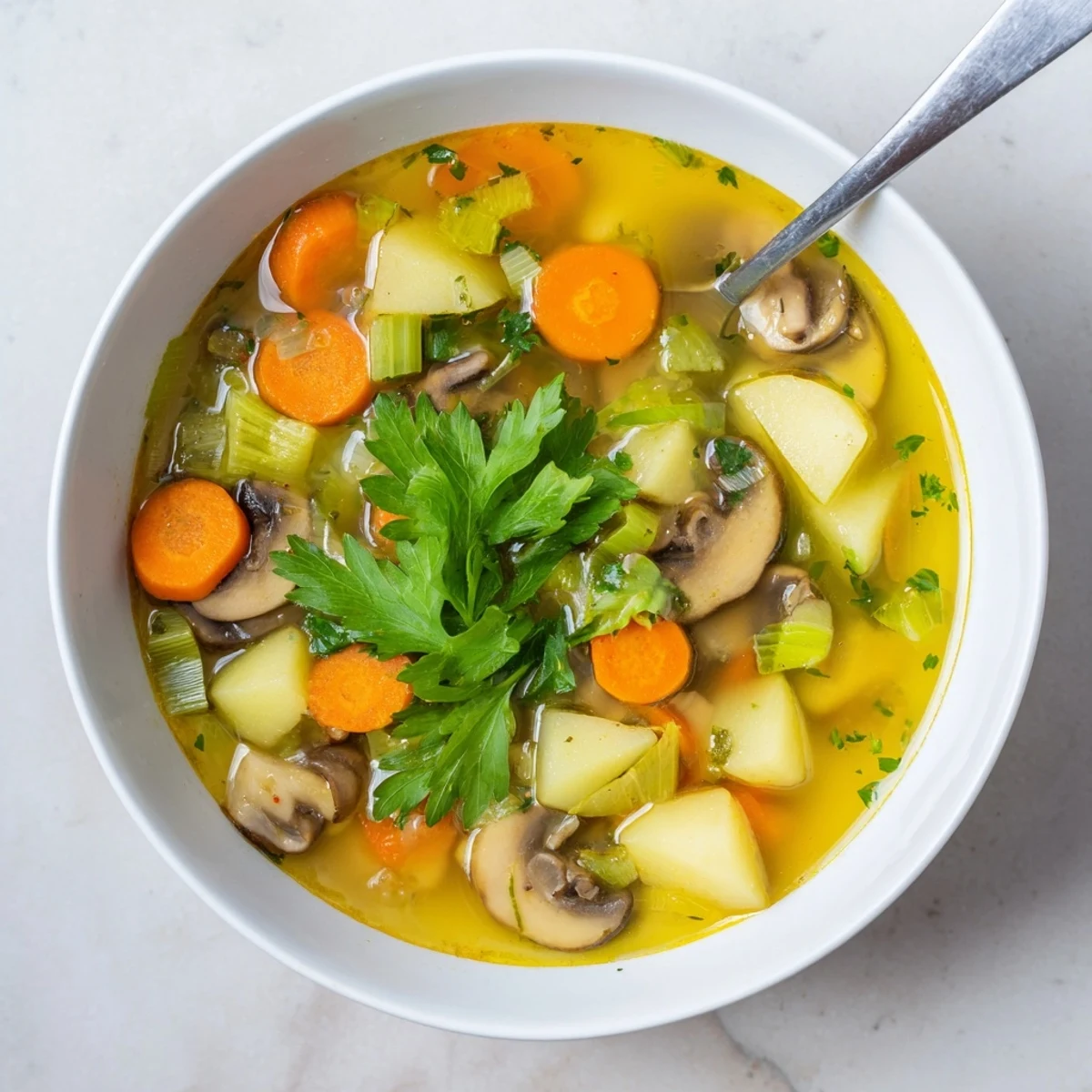 This homemade hearty vegetable broth steams, offering a warm and inviting nourishment.
