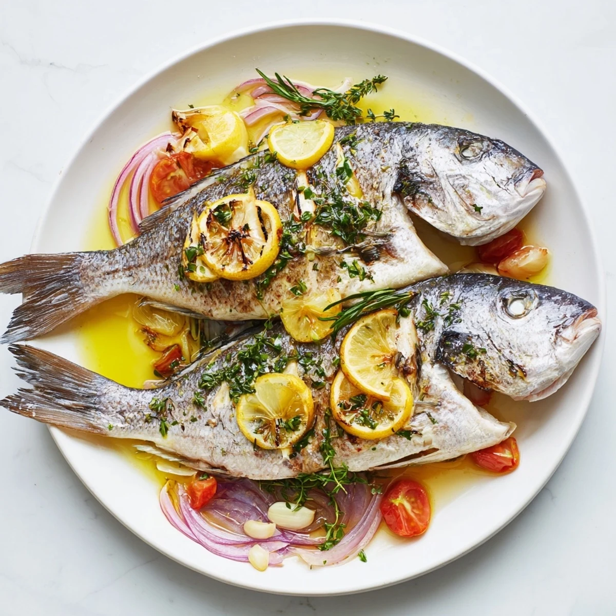 Here are the three ALT texts for the Baked Sea Bream recipe: