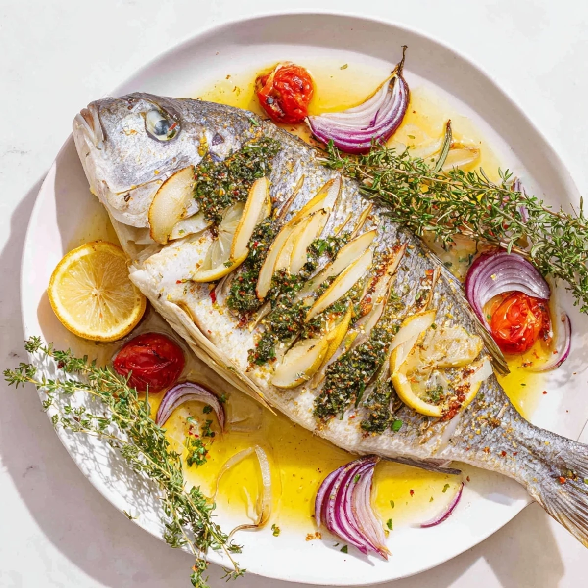 Golden baked sea bream, tender and flaky, with lemon and herbs ready to serve.