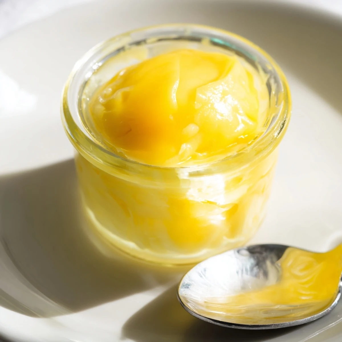 Tangy, smooth lemon curd filling, perfect for a tart, glistening with a creamy texture.