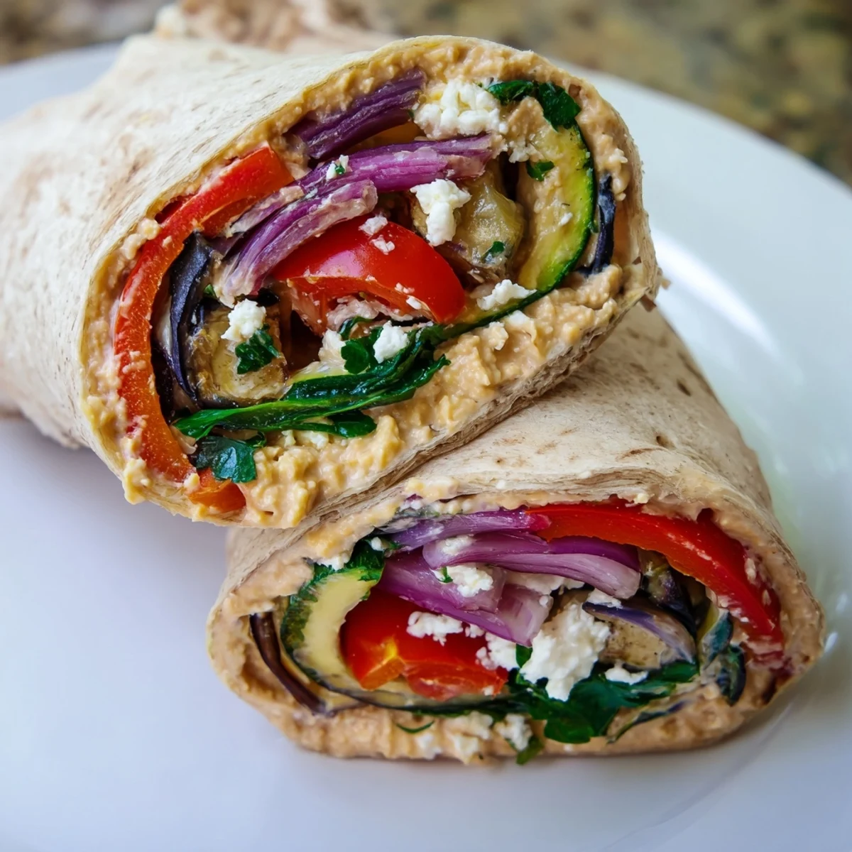 Close your eyes and imagine a delicious roasted veggie wrap, filled with colorful vegetables.