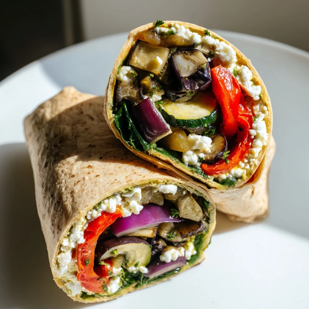 Warm whole wheat roasted veggie wrap, perfect for a quick, healthy, and satisfying lunch.