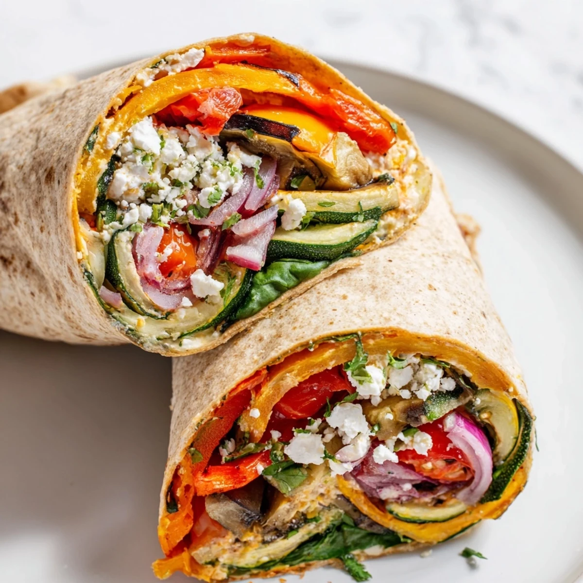Savory roasted veggie wrap with hummus, a delightful vegetarian meal, bursting with flavors and textures.