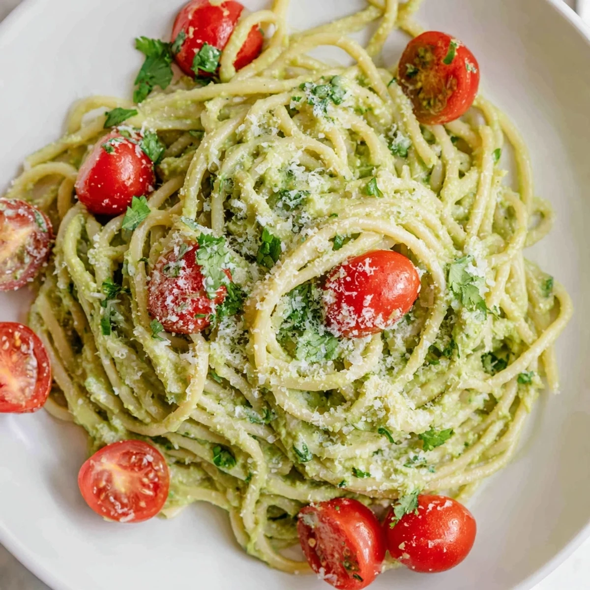Creamy avocado lime pasta with bright red cherry tomatoes, ready to be twirled and enjoyed.