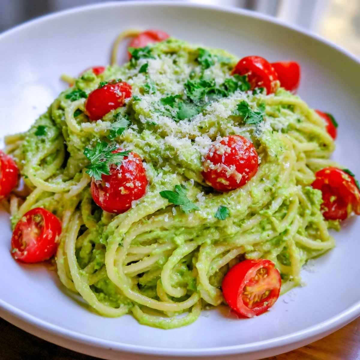 A close-up of creamy avocado lime pasta, showing the silky sauce and fresh cherry tomatoes.