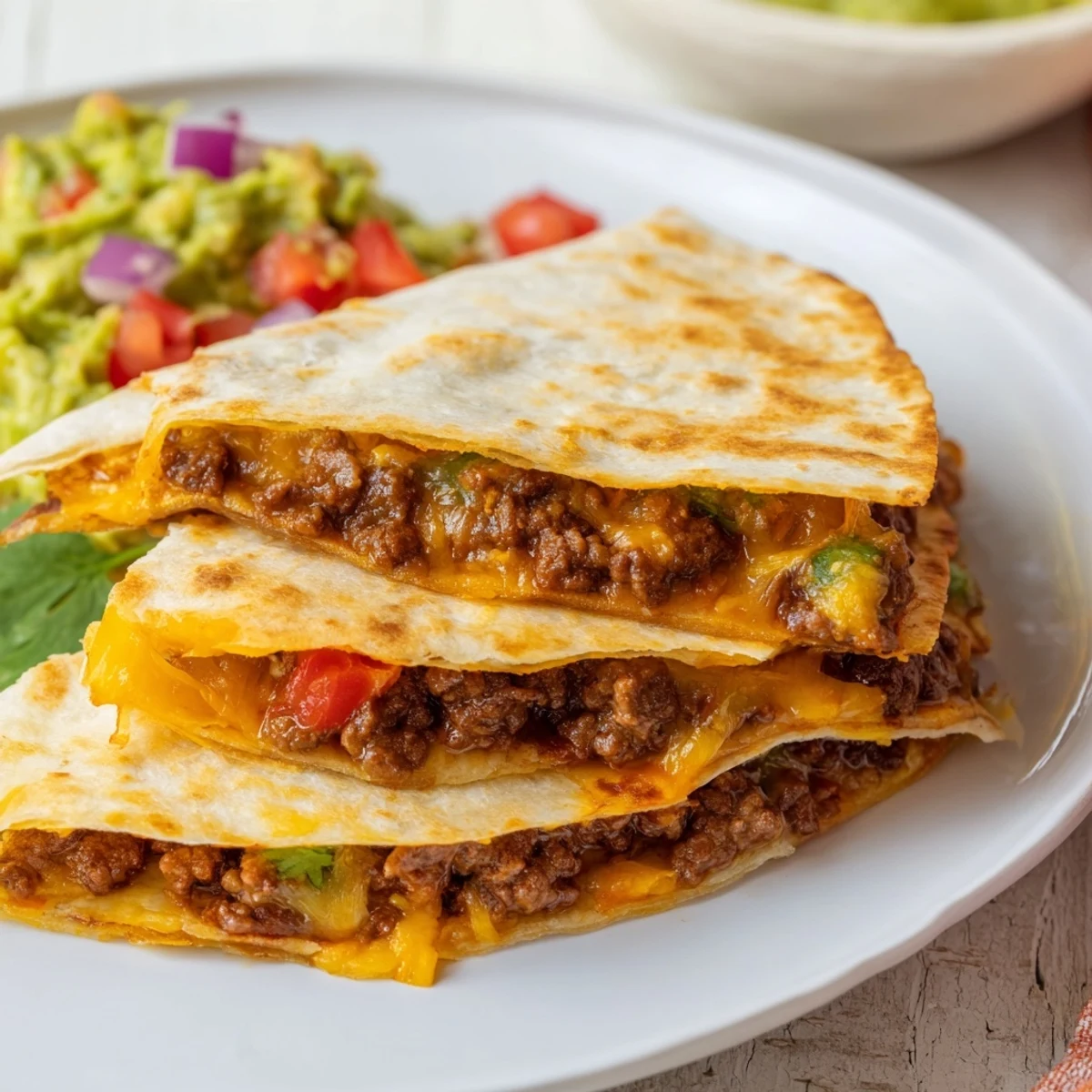 Close-up of a sizzling pan with prepared beef quesadillas ready to be served for dinner.