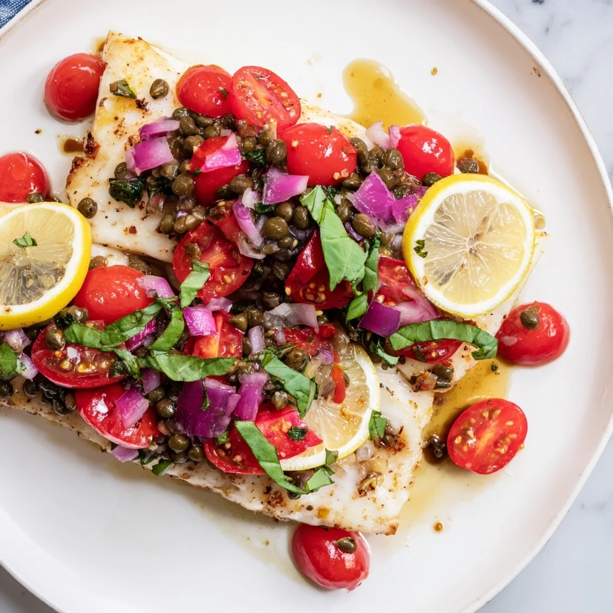 Juicy baked halibut with tomato and basil relish, a Mediterranean-inspired dish ready in minutes.