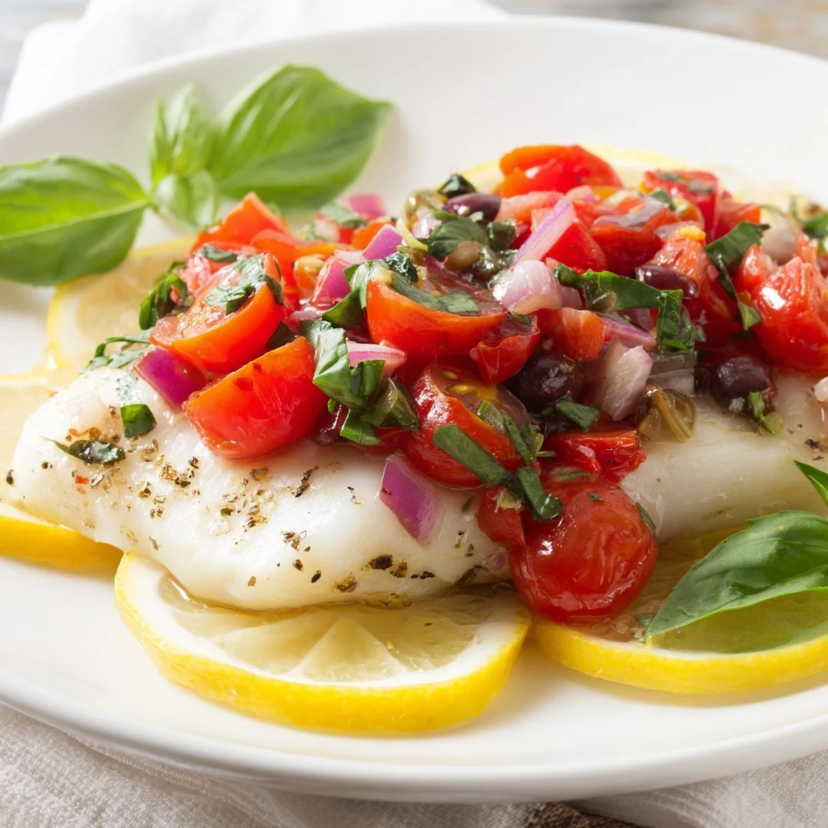Golden baked halibut topped with a vibrant tomato-basil relish, perfect for a healthy dinner.
