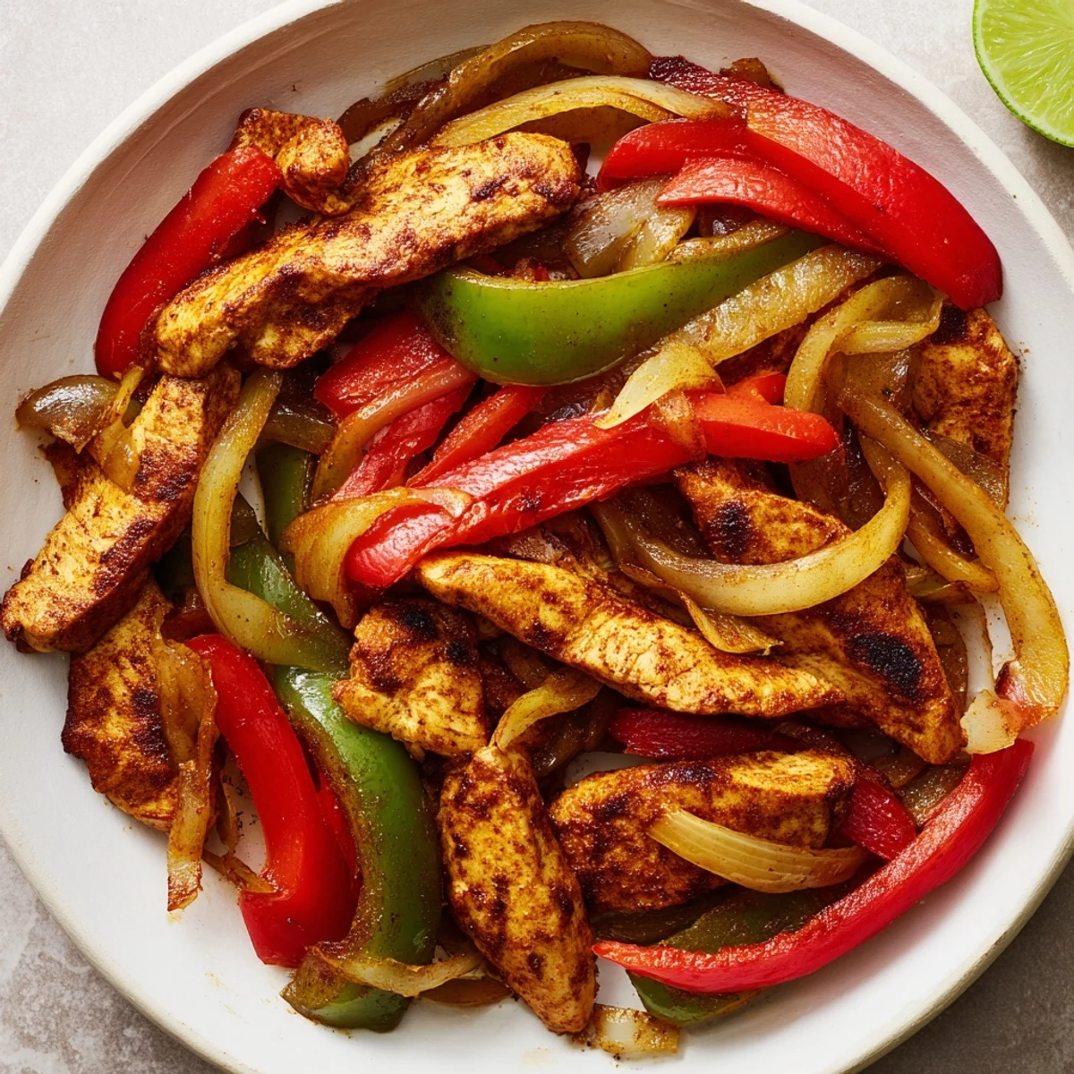 Sizzling sheet pan chicken fajitas with colorful peppers and onions ready to serve.
