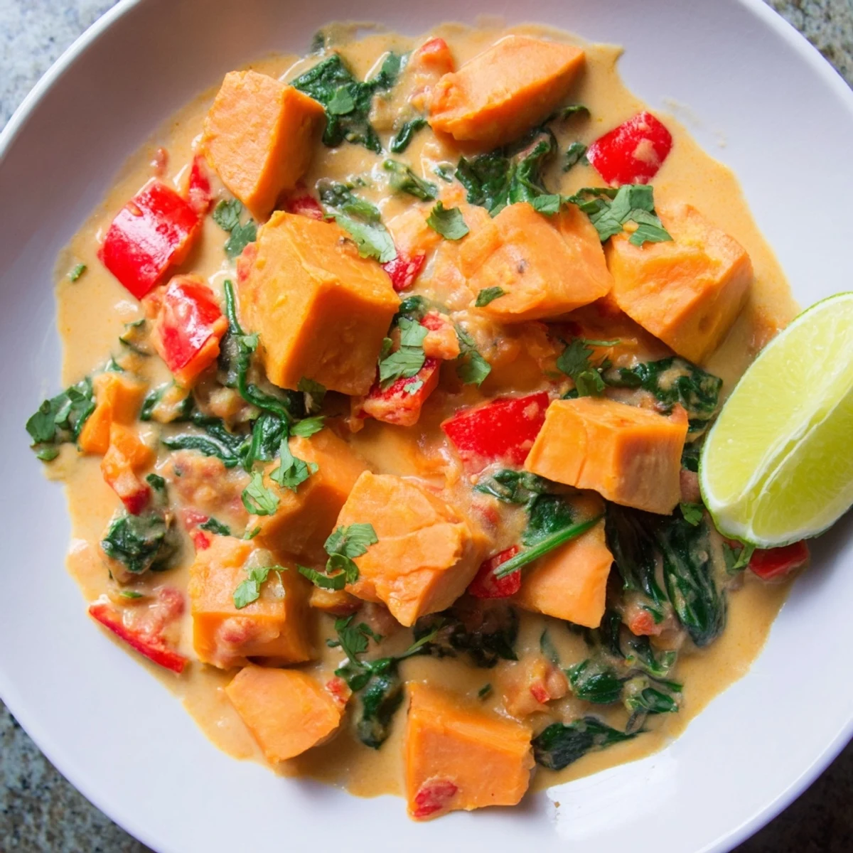 Steaming bowl of Vegan Sweet Potato Curry with spinach, garnished with cilantro and lime wedges.