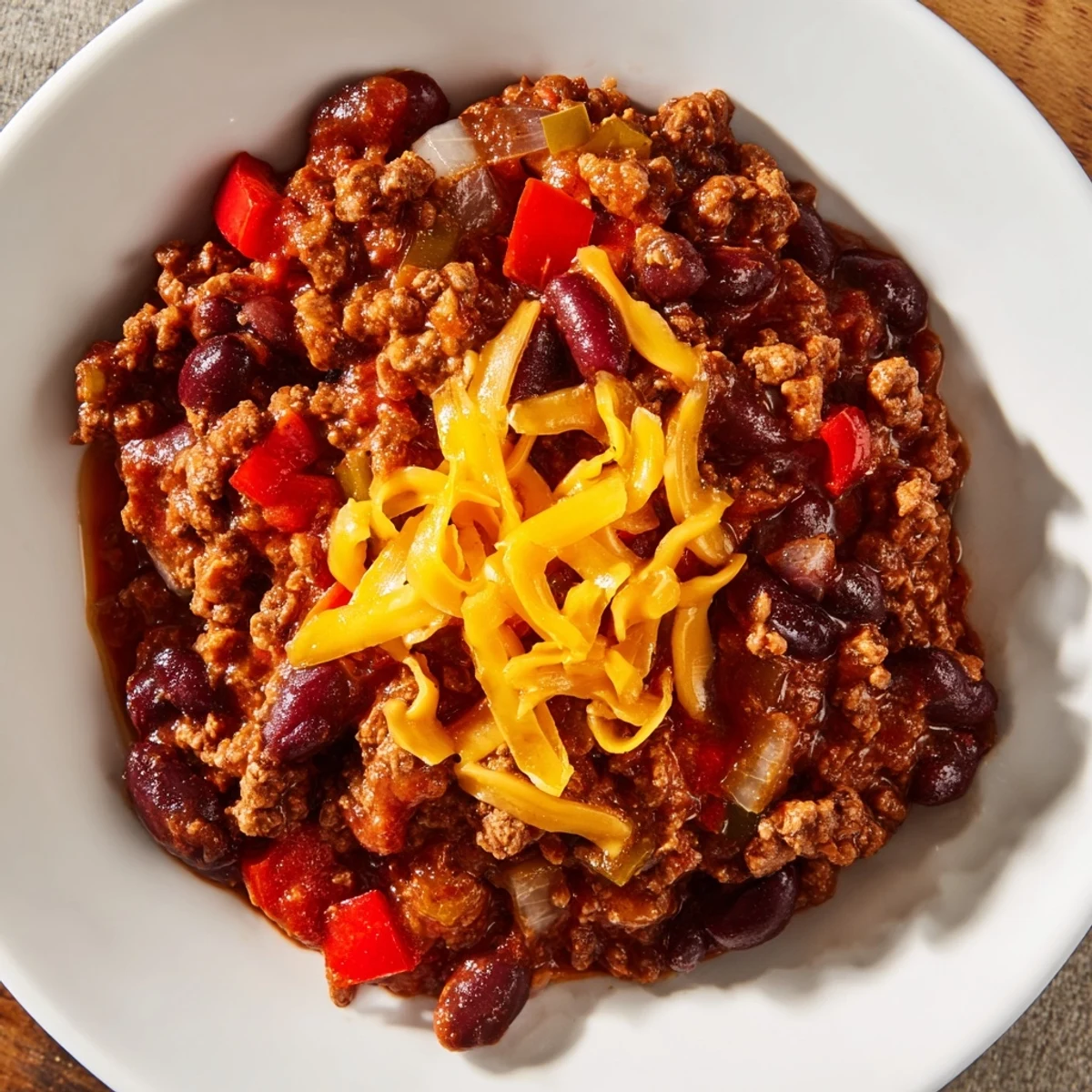 Aromatic beef and bean chili, steaming in a bowl, draped with melted cheddar cheese.