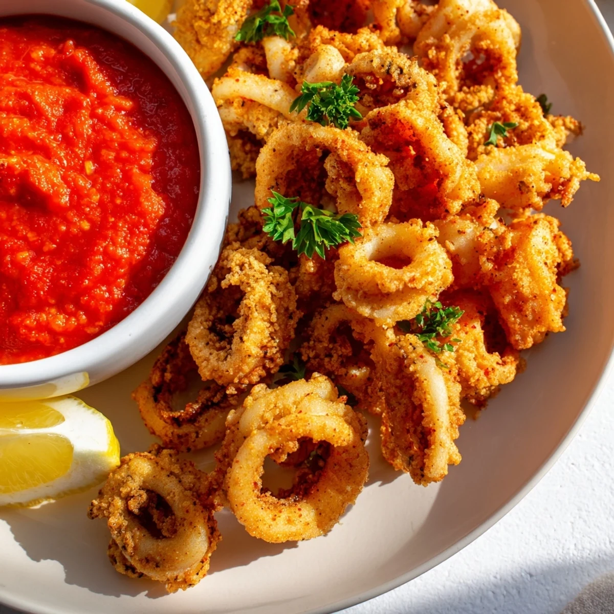 Crispy calamari with marinara, golden-fried and ready to dip, a perfect Italian appetizer.