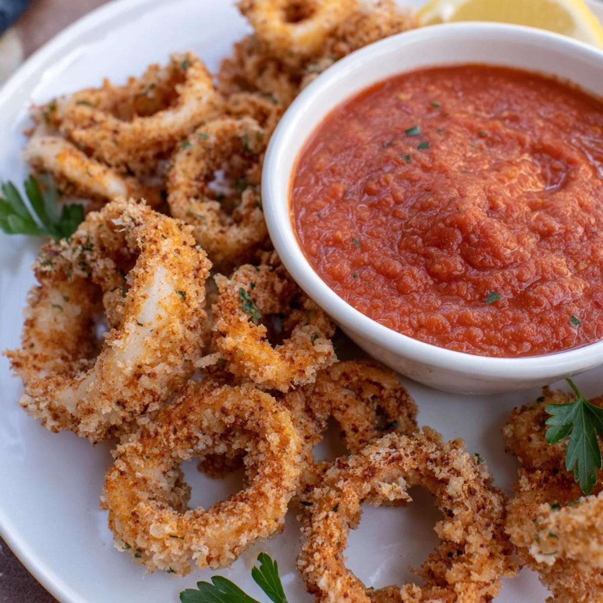 Close-up of crispy calamari rings with vibrant red marinara sauce, perfect for sharing.