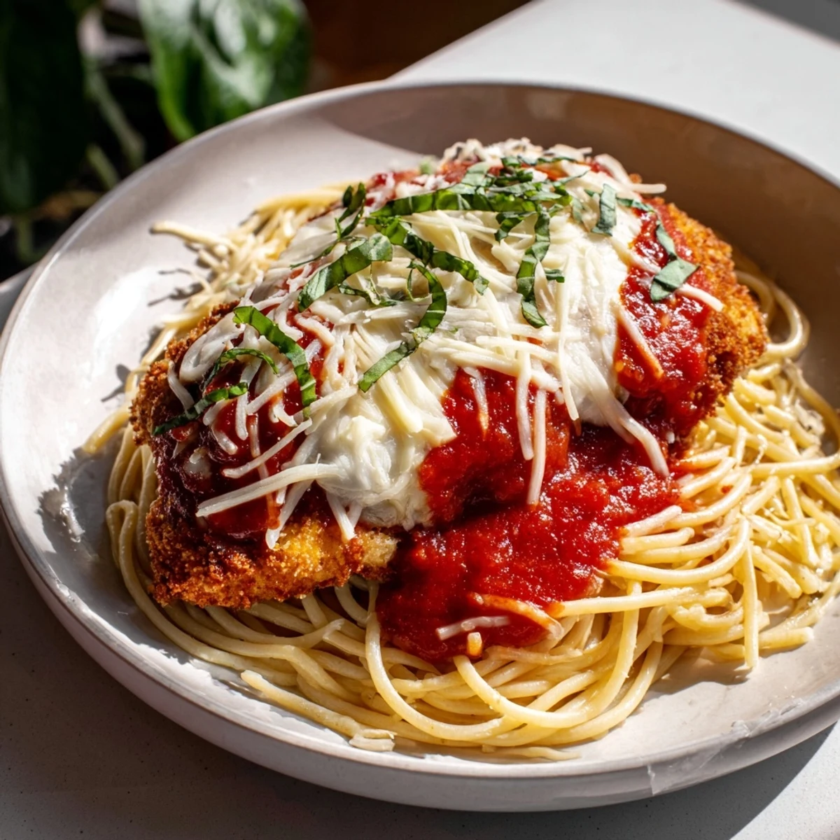 Tender Chicken Parmesan over spaghetti marinara, with melted cheese and fresh basil garnish.