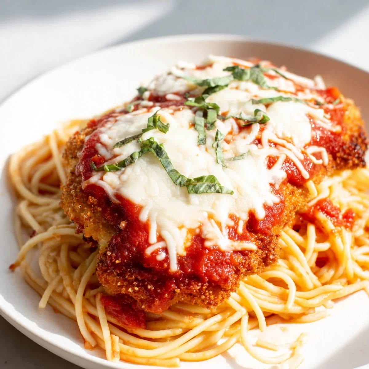 Golden, crispy Chicken Parmesan over spaghetti, covered in rich marinara sauce, ready to serve.