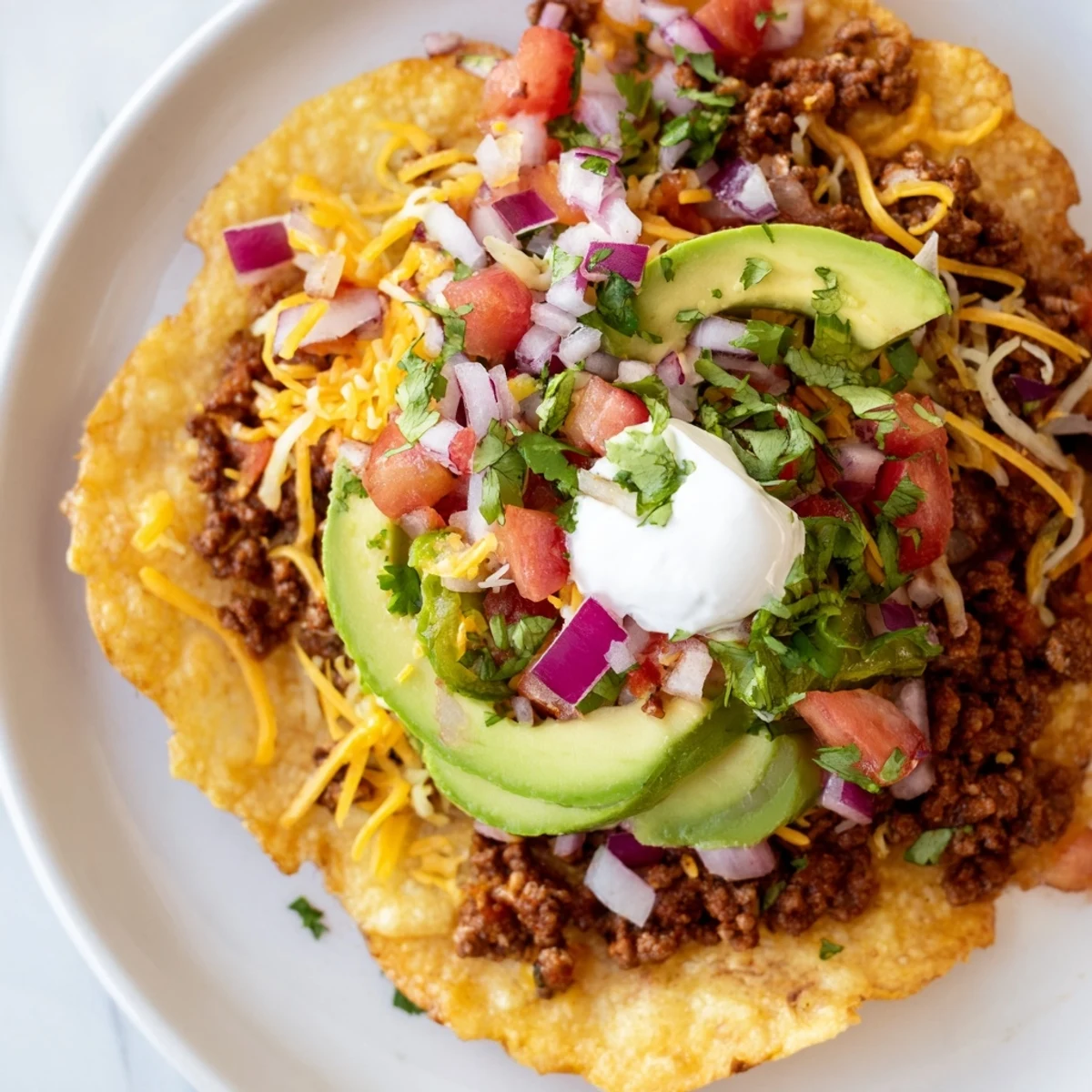 Savory beef tostadas with melted cheese, vibrant salsa, and cool sour cream, ready to enjoy.