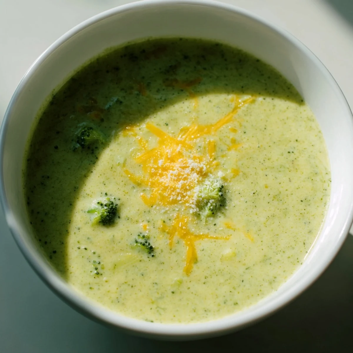 A steaming bowl of creamy broccoli soup with cheese, perfect for a cozy, comforting meal.