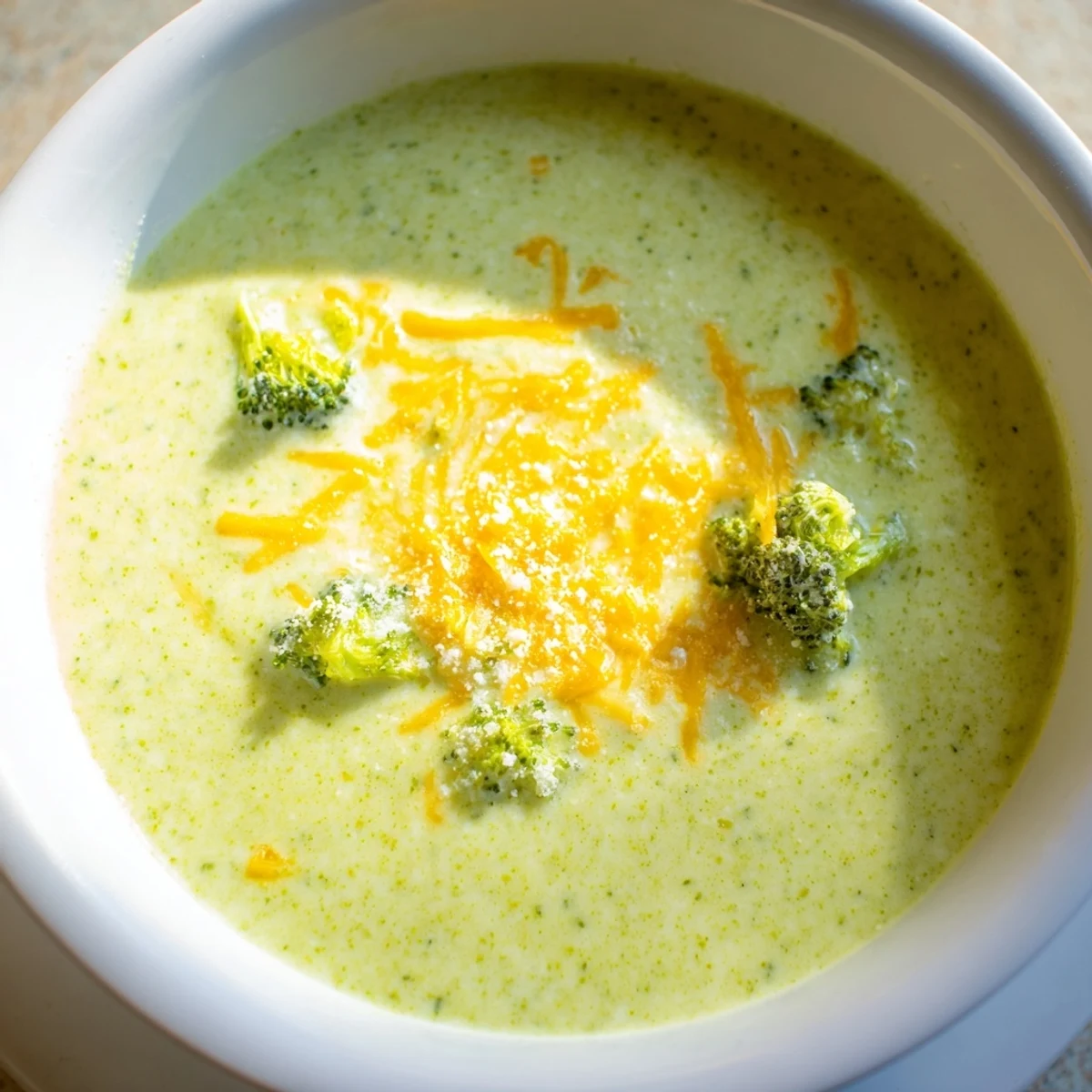 Freshly made creamy broccoli soup with cheese, garnished and ready to be served hot.