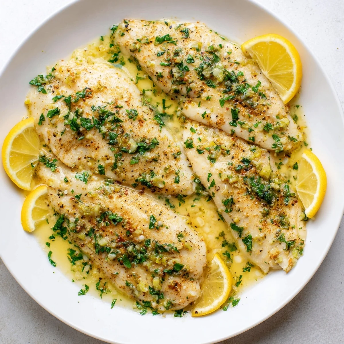 Baked tilapia with garlic butter, glistening and flaky, ready to serve with lemon wedges.