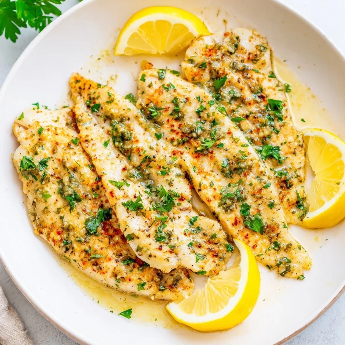 Golden-brown baked tilapia with garlic butter, pictured with fresh parsley garnish on a plate.