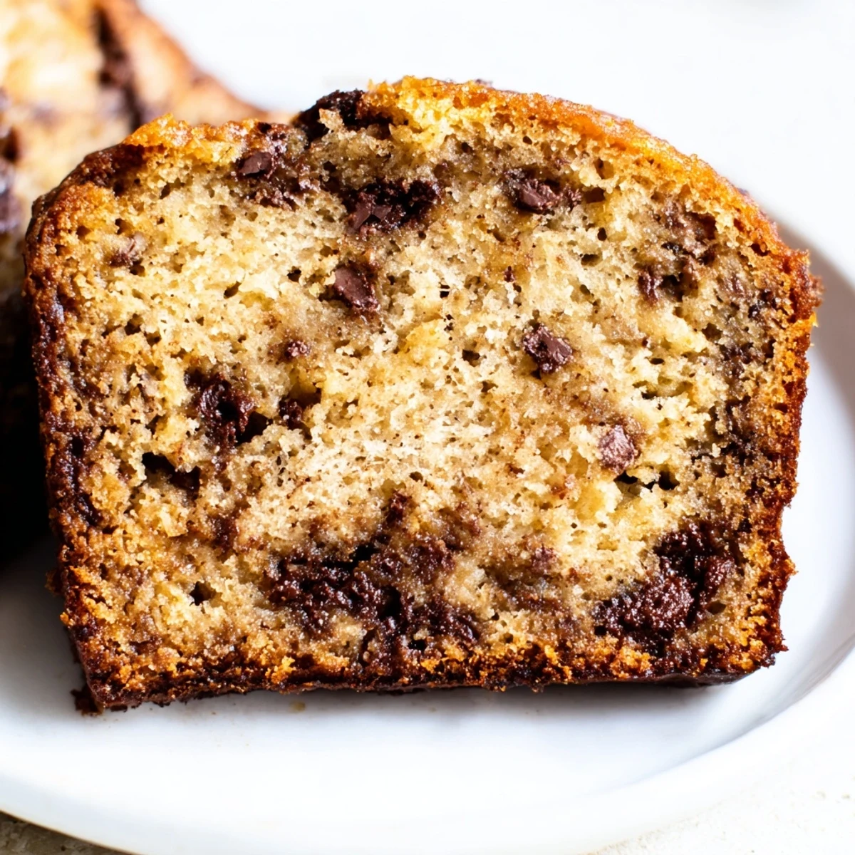 Golden-brown slice of chocolate chip banana bread, ready to be enjoyed as a tasty afternoon snack.
