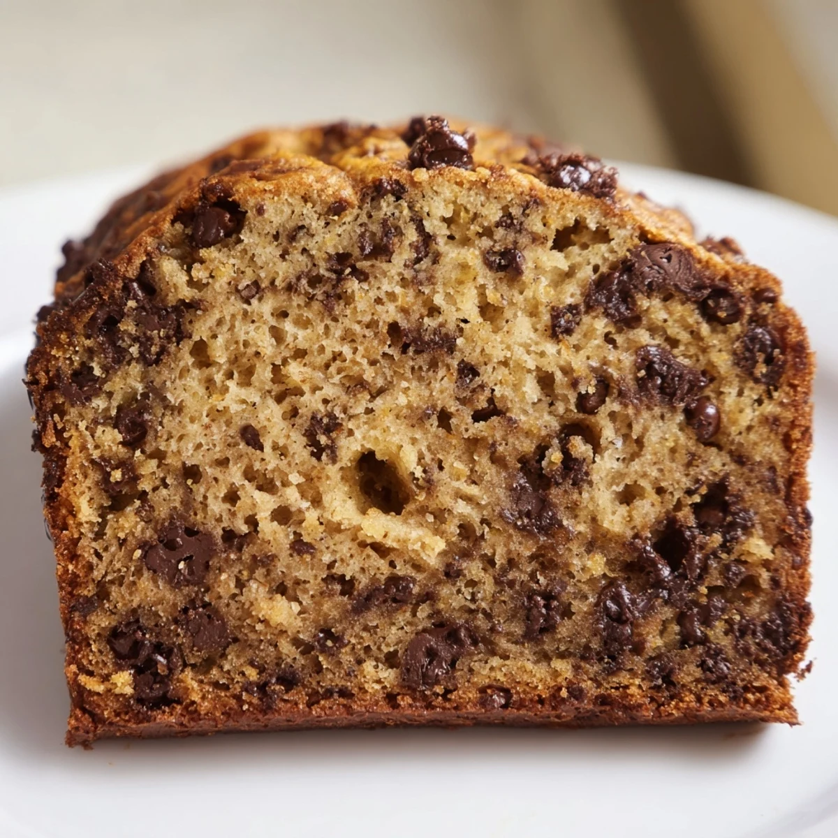 Moist, freshly baked chocolate chip banana bread, with a generous sprinkle of chocolate chips on top.