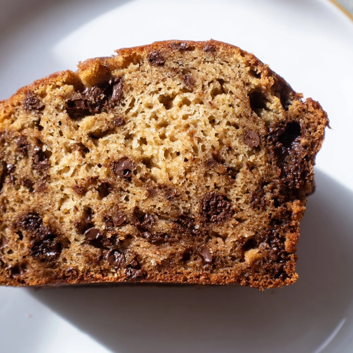 Warm, soft chocolate chip banana bread, perfect to pair with a cup of coffee on a chilly morning.
