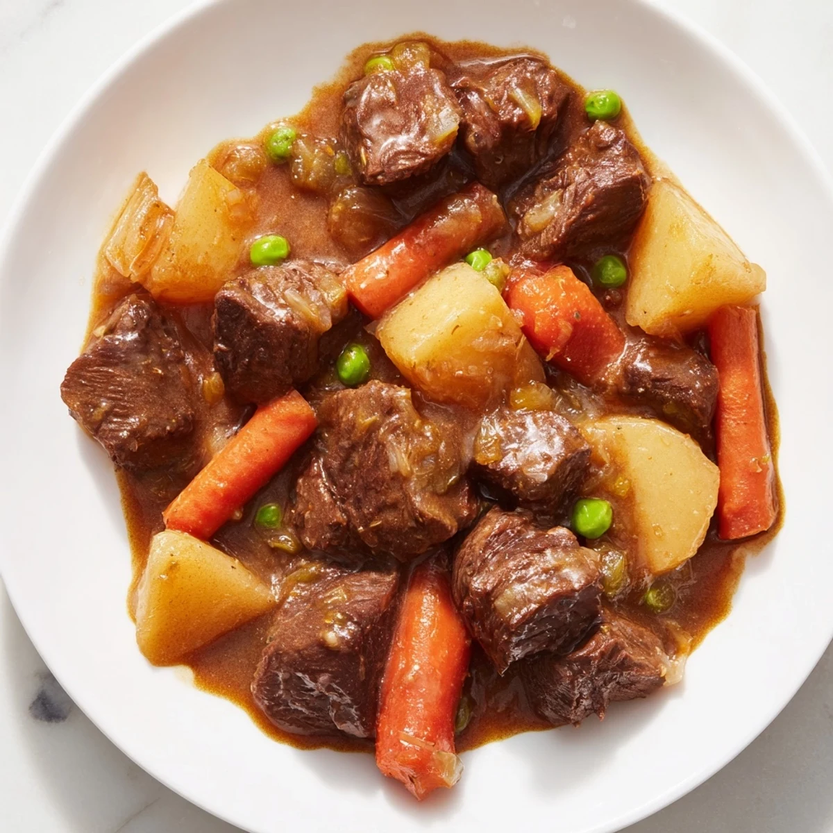 Slow Cooker Beef Stew: a close-up shows chunky vegetables and fall-apart beef in rich gravy.