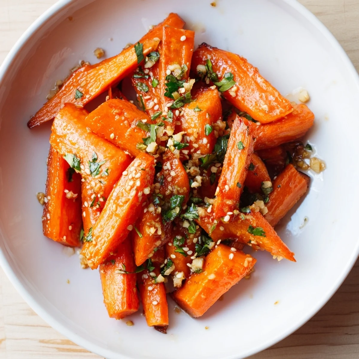 Roasted carrots with ginger glistening with honey, ready to serve as a flavorful side dish.