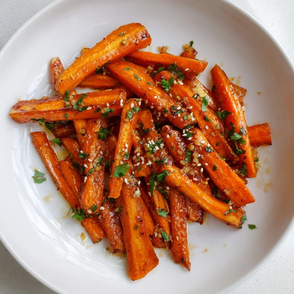 Warm plate of roasted carrots with ginger, a delicious and healthy side, ready to eat.