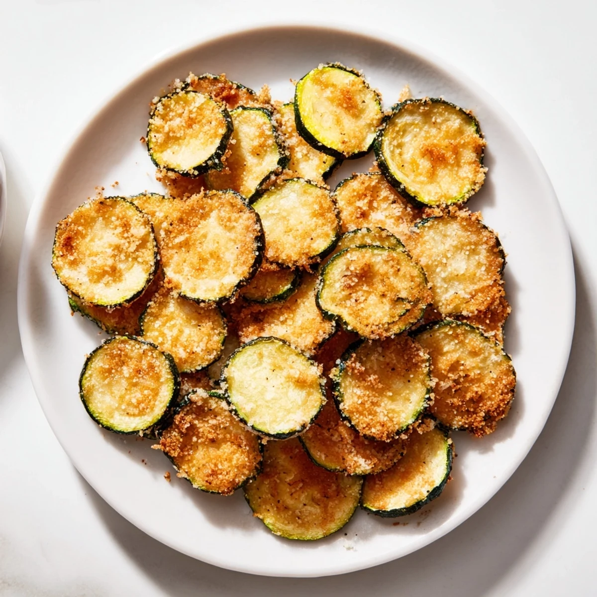 Crispy air fryer zucchini chips, golden and inviting, ready to be enjoyed as a tasty appetizer.