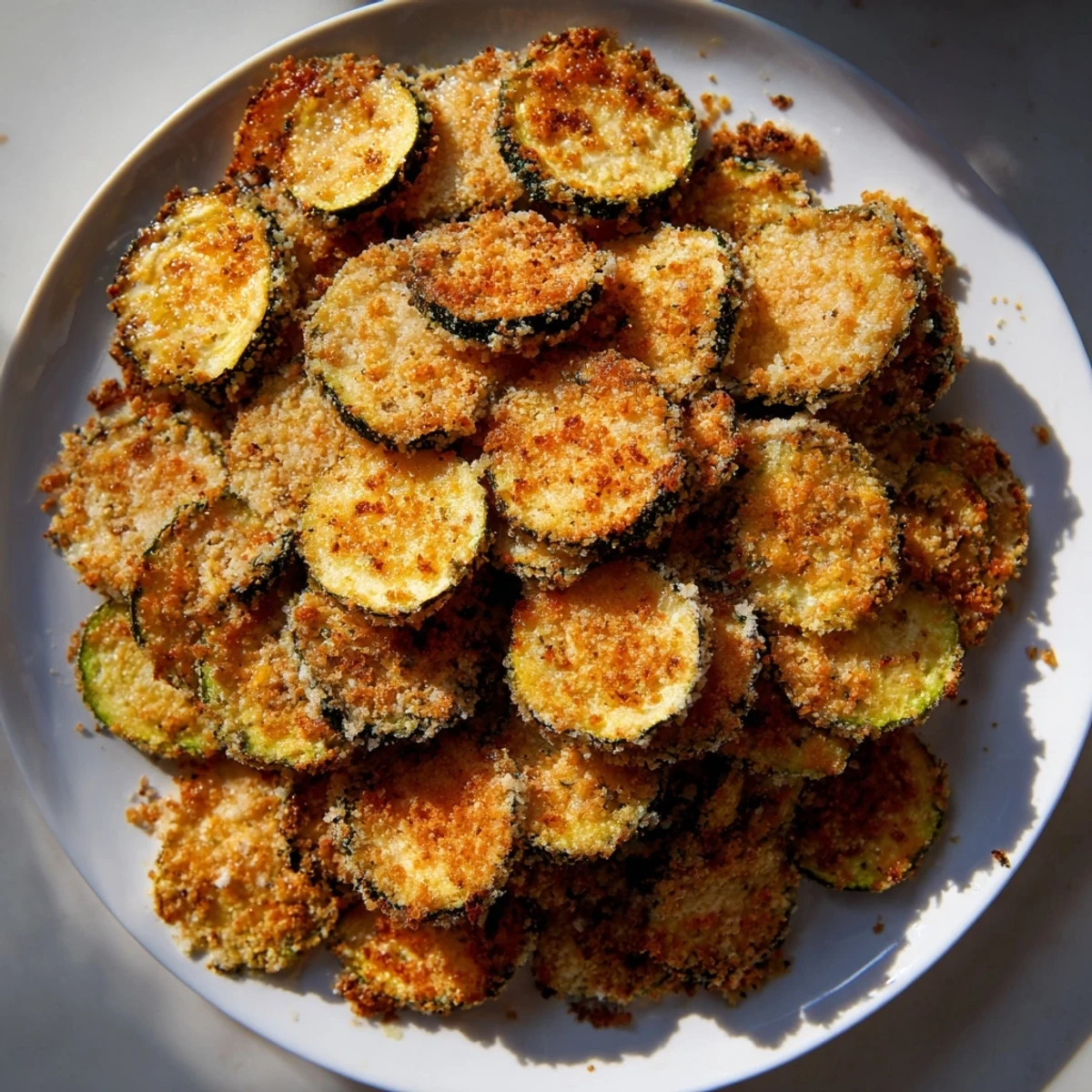 A close-up of perfectly crisp air fryer zucchini chips with visible breading and seasonings.