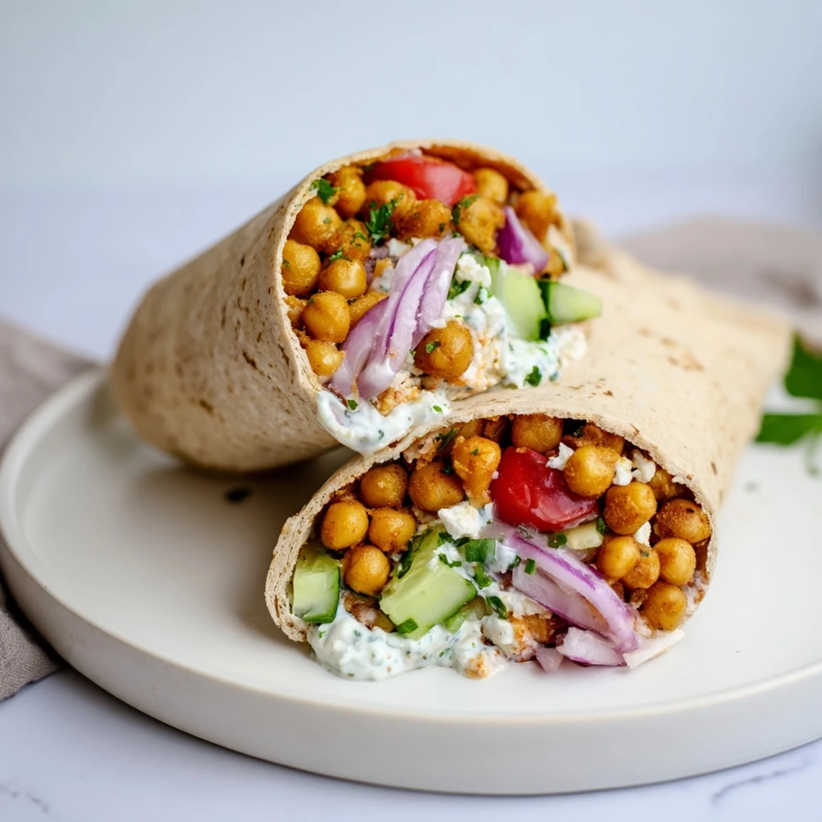 Mediterranean chickpea wrap, showing a close up of the filled tortilla, bursting with colorful, fresh ingredients.