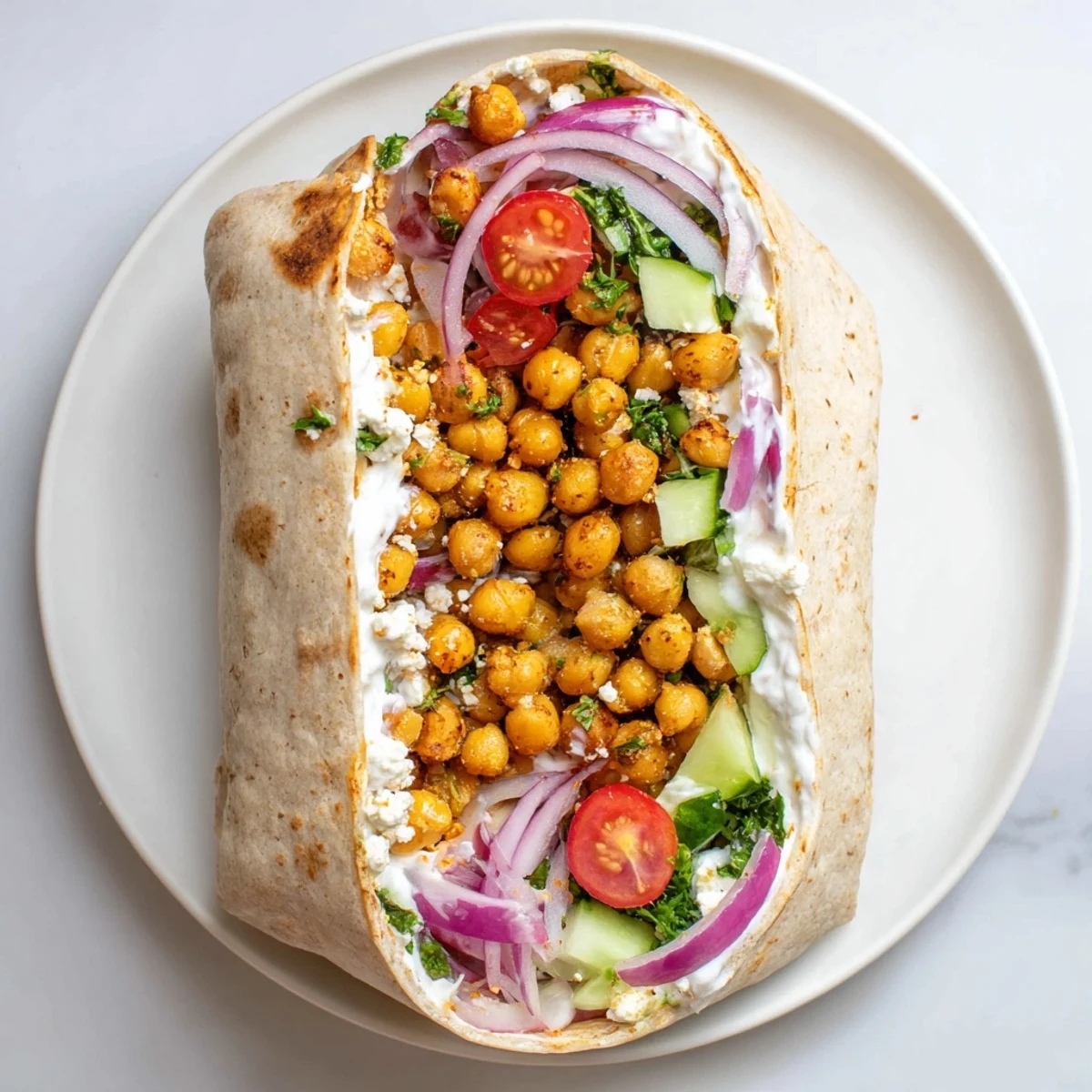 A delicious Mediterranean chickpea wrap, packed with spiced chickpeas, perfect for a quick and healthy lunch.