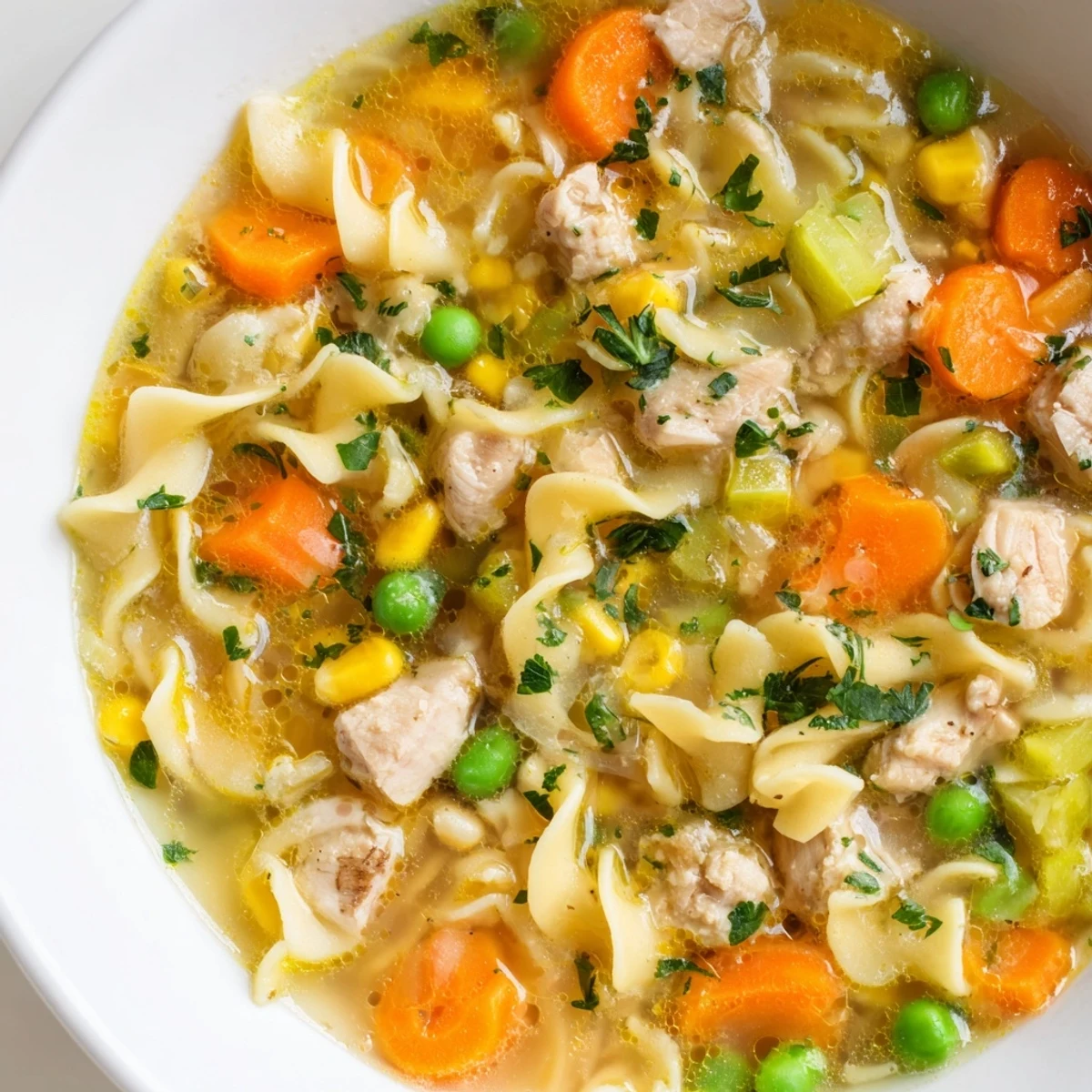 A bowl of steaming chicken vegetable soup with noodles, featuring carrots and peas.