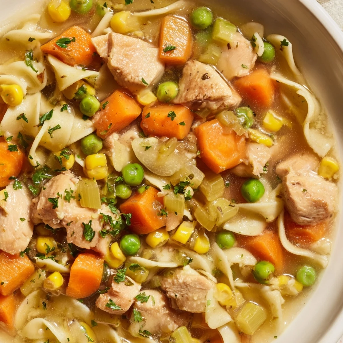Homemade chicken vegetable soup with noodles, visually appealing with colorful vegetables, ready to eat.