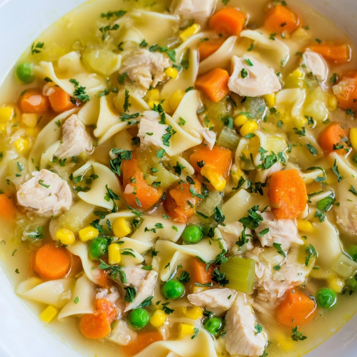 Close-up of a delicious chicken vegetable soup with noodles, a hearty American comfort food meal.